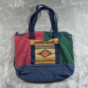 Vintage Gitano Tote Bag Red Green Southwestern Aztec Canvas Colorblock 80s Y2K